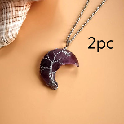 Moon Natural Stone Amethyst Tree Of Life Necklace Handmade Fortune Tree