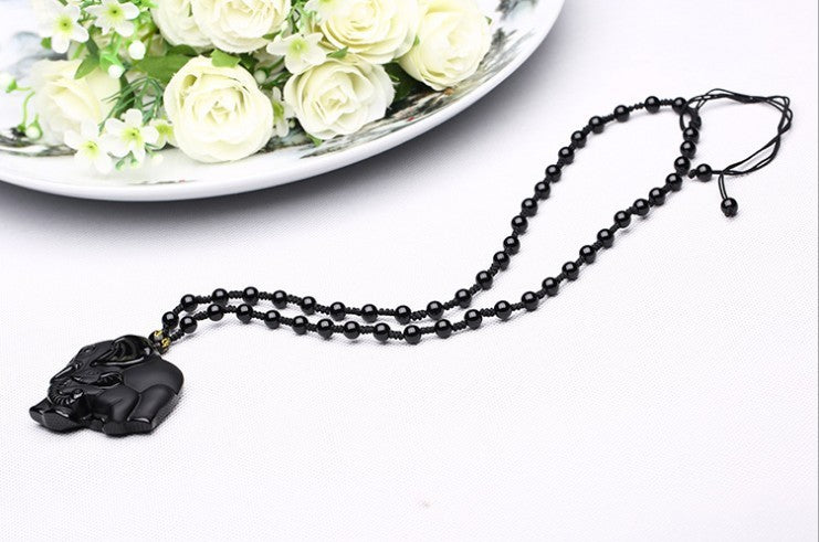 Obsidian Wealth-absorbing Elephant Pendant Necklace